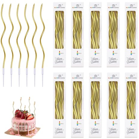60 Piezas Velas de Cumpleaños en Espiral con Soportes, Velas para Cupcakes Largas Delgadas, Tartas y Pasteles, Vela de Colores Brillantes para Fiestas, Bodas, Aniversarios y Graduaciones (Oro)