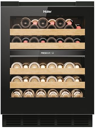 Haier Weinkühlschrank Serie 6 Wine Bank 60 HUC44GDEH1 | 60 cm Breite, 44 Flaschen Weinklimaschrank mit 2 Temperaturzonen, UV-Glastür, Holzregale, Wi-Fi