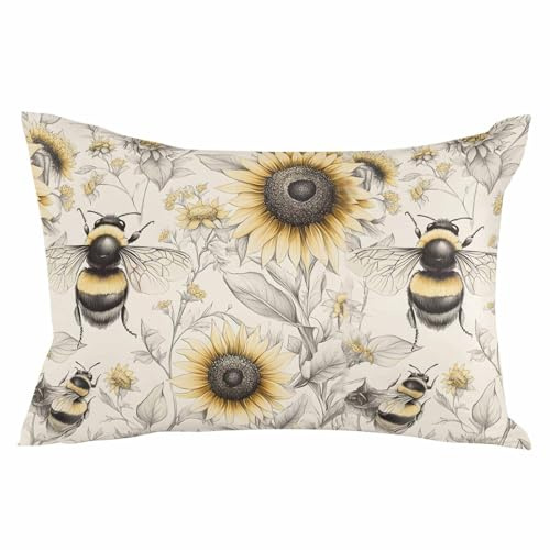 Summer Pillow Covers Sunflower Bee Plant Vintage Farmhouse 12x20 Inch Soft Brushed Microfiber Pillowcases with Hidden Zipper Closure Bed Pillow Shams for Bedroom Sofa Car