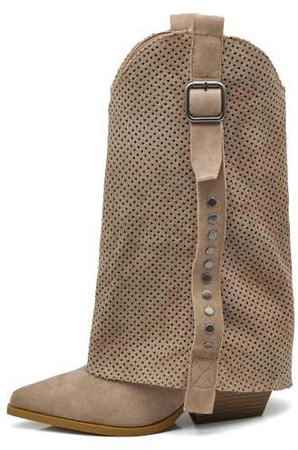 IF Stivaletti Texani Donna con Effetto di Sovrapposizione, Decorazione Esterna Traforata, Borchie cinture e fibbie G715 khaki N.40