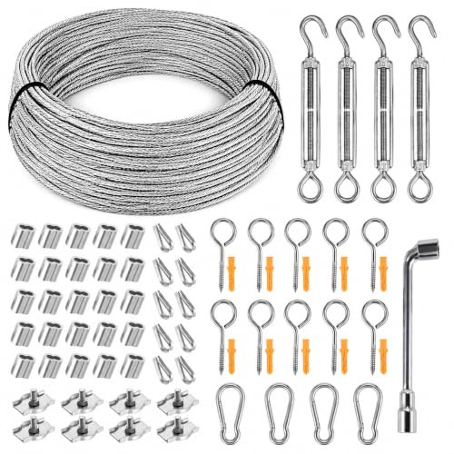 36M 3MM Garden Wire for Climbing Plants | 73PCS PVC Coated Stainless Steel Cable Wire Kit | Heavy Duty Fence Kit with Turnbuckle| Ideal for Hanging String Lights, Vine Eyes, Rose & Ivy Supports