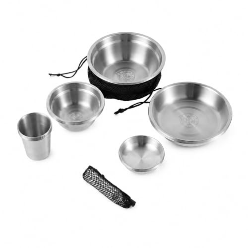 Yunhgft Set Stoviglie da Campeggio per 4/5 Persone in Acciaio Inox, Gavetta Portatile con Posate Pieghevoli per Cucina da Campeggio e Accessori, Set da 4 persone