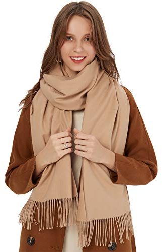 MaaMgic Schal Damen Warm Winter Herbst unifarben Baumwolle mit quasten/fransen, 20+ Farben Einfarbig & Kariert Pashmina Stola Schals MEHRWEG,Beige Hellcamel