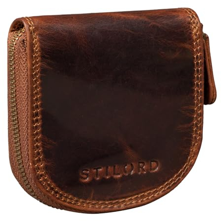 STILORD 'Cash' Wiener Schachtel Leder Vintage Münzbörse Münzetui mit Reißverschluss Slim Minibörse Kleine Geldbörse Schüttelbörse Echt Leder, Farbe:Kara - Cognac