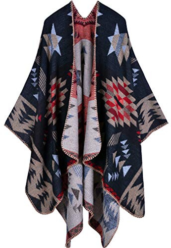 Lifetooler Kvinnor Poncho Cape Open Front Spring Cardigan Lady Reversible Free Size Cape Printed Oversized Warm Wraps rutig Stickad Tartan Filt Böhmen Långt Geometriskt Mönster Sjal