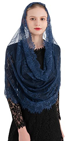 PAMOR Mantilla-Schleier im spanischen Stil, Spitze, traditionell, Vintage, inspiriert, Unendlichkeitsform, lateinische Masse, Kopfbedeckung, Marineblau, Einheitsgröße