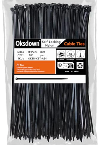 Oksdown Collier de Serrage en Nylon 150 mm × 3,6 mm Attache Câble Plastique Rilsan Serre Câbles Petit Format, Noir, Lot de 100 Pièces
