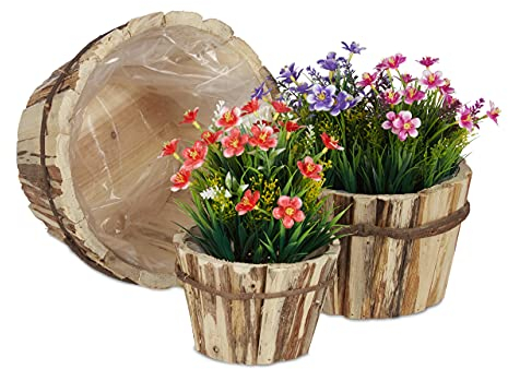 Relaxdays Fioriera in Legno, Set da 3, Vasi Tondi, Interni e Esterni, 3 Misure, Porta Piante in Corteccia, Naturale