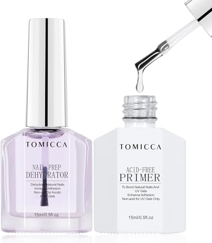 TOMICCA Nail Primer & Nail Prep Dehydrator Set, 15ml Professional Acid-Free Bond Primer Fast Air Dry Nail Prep Dehydrator, Nail Protein Bond for UV Gel Nail Polish Dipped Powder Acrylic Nails