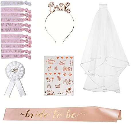 Hazrcvr JGA Deko Schärpe Armband Set 16 Stück Bride to be JGA Deko 10 Team Braut Armbänder und 1 Braut Armband Braut Schärpe Schleier AbzeichenTattoos Tiara für Junggesellenabschied Frauen