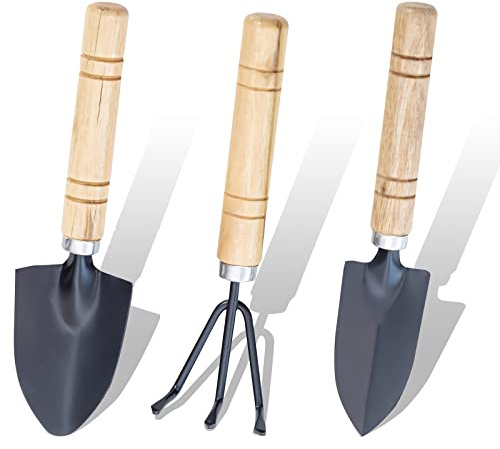 3-teilig Mini Gartenwerkzeug Set YUTOU Mini Schaufel Bonsai Werkzeuge Set Mini Garten Spaten Klaue Rechen Schaufel Holzgriff Handheld Mini Schaufel Spaten Rechen Gartenset Werkzeug