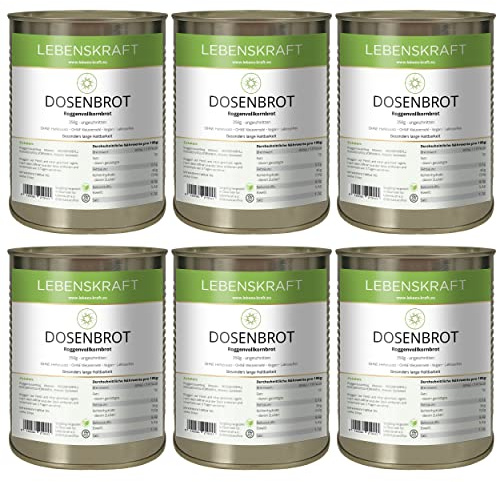 Lebenskraft Dosenbrot, Roggenvollkornbrot, 6x 350g Dose, lang haltbar, ohne Weizenmehl, vegan, laktosefrei