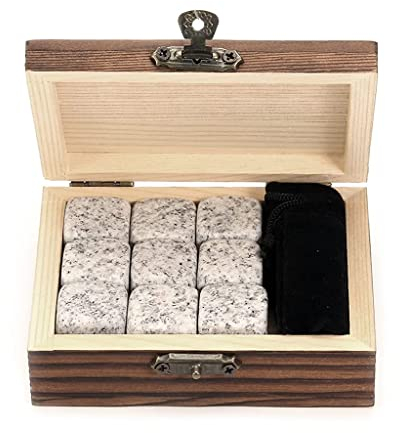 Samnuerly Cocktail-Shaker-Whisky-Steine-Set – 9 Granit-Whisky-Steine/Holzkiste/Samtbeutel/Wiederverwendbare kühlende Eiswürfel