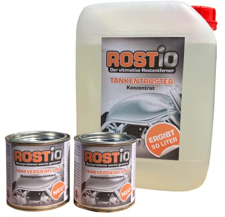 ROSTIO Tankentroster-Set 5L – inkl. 2×250 ml Tankversiegelung – hochergiebig (1:10) – für Tanks bis 50L – Rostentferner & Korrosionsschutz – ethanolfest & flexibel – Set zur Tanksanierung