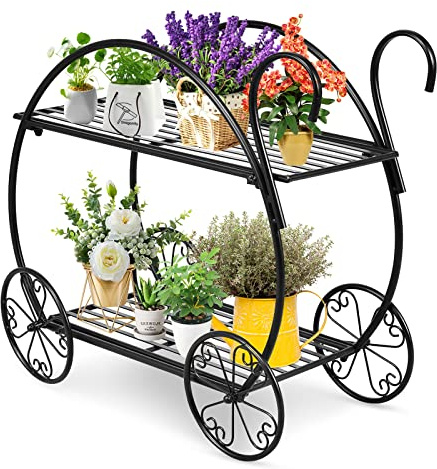 RELAX4LIFE Porte-plantes à 2 Niveaux en Fer Forgé avec Roulettes | Étagère pour Plantes 60x35x66cm, Support en Forme de Chariot, Style Rétro pour Maison Serre Patio, Noir