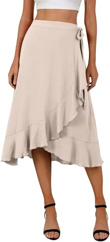 FEMLE Women's Elegant Ruffle Wrap Asymmetrical Tie High Waist Long Skirt A-line Casual Loose Draped Flowy Skirts Beige