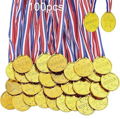 100 Pieces Medals for Children, Gold Winners Medals with Ribbons, Winners Plastic Award Medals for Party Festival School Sports Competition Toys Prizes or Mini Olympics Event