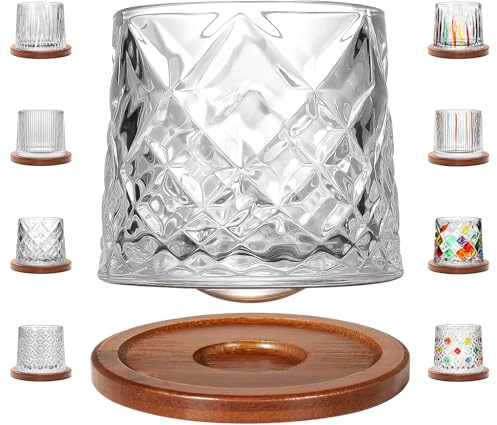Uten Vaso de Whisky de Cristal, 275 ml/10 oz Vaso de Agua Giratorio, Posavasos de Bambú, Tacto Grueso, Adecuado para Beber Ron, Brandy, Cócteles, Café, Jugo, Relajarse y Descomprimir, 1 Pieza