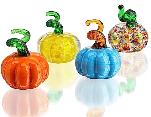 H&D HYALINE & DORA 4pcs Blown Glass Pumpkin Figurines Table Accent for Fall & Harvest, Mini Crystal Halloween Pumpkin Fall Decorations for Home Thanksgiving