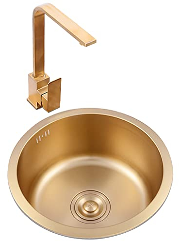 Wasserhahn für Küchenspüle, Waschbecken, Gold, rund, für Küche, Edelstahl, mit quadratischem Wasserhahn, Mini-Rundbar, Balkonwaschbecken (Farbe: Gold, Größe: 40 x 40 x 19 cm)