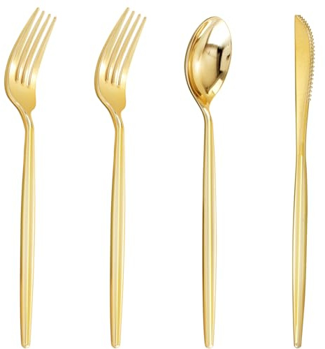 U-QE 120Pcs Gold Plastic Silverware, Luxury Plastic Cutlery, Heavy Weight Flatware, Gold Disposable Utensils Set Include 60 Forks, 30 Spoons,30 Knives for Party