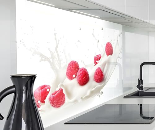 timalo Spritzschutz Wand für Herd, Küche Küchenrückwand Glasoptik | Acryl Glas 2mm | Glasrückwand Acrylglas Wandpaneele Rückwandschutz Platte | 60x40cm Himbeeren und Milch