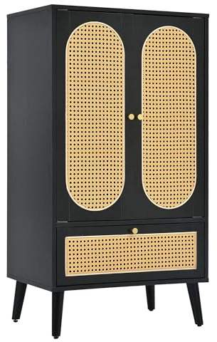 HAINEW Modern Rattan Sideboard mit 2 Tür aus Rattan und 1 Schublade, 110 cm Hoch Highboard Kommode Standschrank Buffet Beistellschrank Aufbewahrungsschrank Küchenschrank, 60×40×110,5cm, Schwarz