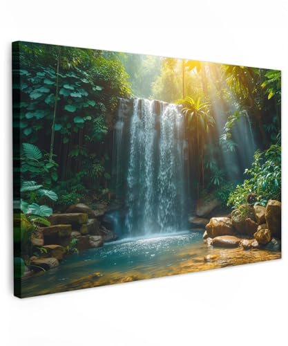 MuchoWow© Leinwandbild Groß XXL Dekoration Wohnzimmer Bilder Aufhängen Wall | 120x80 cm - Decoration Living Room Wohnungs Deko Moderne Wasserfall - Dschungel - Sonne - Grün - Natur