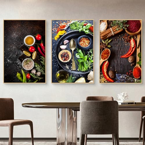 3er-Set Bild auf Leinwand Bilder, Modern Wandbilder Küche Gewürze, Pfeffer, Kräuter, Wandposter, Wanddeko Esszimmer Küchenbilder Schlafzimmer (A,30x40cm)