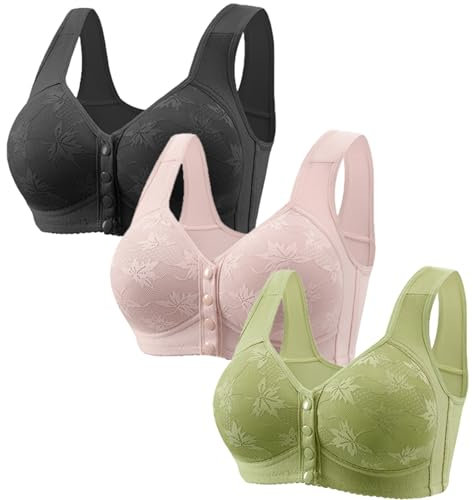 3PC Front Fastening Bras for Women UK Clearance Plus Size Wireless Bras Full Coverage Push Up Bra Non Wired Comfortable Bra Comfy Wide Straps Supportive Underwear Multipack