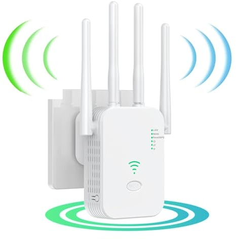 Ripetitore WiFi Potente per Casa con 4 Antenne - Amplificatore Segnale Doppia Portata, 2 Porte LAN, Compatibile con Tutti i Router (Modalità Repeater/AP) (bianco)