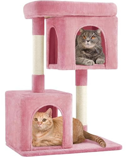 Yaheetech Árbol para gatos de 33.5 pulgadas, torre pequeña para gatos con percha grande y 2 condominios acogedores, postes rascadores de sisal para gatos de interior, muebles estables de centro de