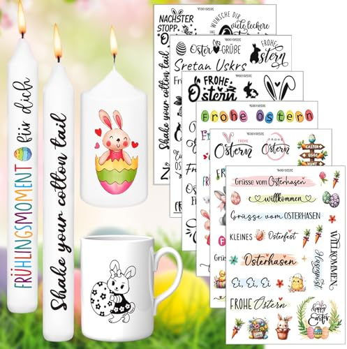6 Stück Kerzentattoo Ostern Osterhase Kerzensticker Kerzen Tattoofolie Easter Kerzen Sprüche Wasserschiebefolie für Kerzendekoration zu Ostern DIY