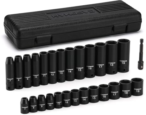 CASOMAN 27 Pieces 3/8-Inch Drive Impact Socket Set, Deep & Shallow, Metric (7mm - 19mm), 6 Point, CR-V Steel