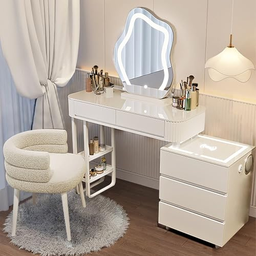 MYDD8 Schminktisch Mit Beleuchtung, 100 cm Breit, Elegante Schminktisch Mit Kabelloser Aufladung, Bluetooth-Audio, Spiegel, 3 Farben Mit Einstellbarer Helligkeit, Für Das Schlafzimmer