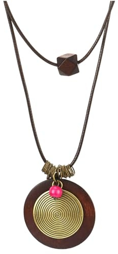 COOLSTEELANDBEYOND Bronze Spirale und Holz Scheibe Anhänger, Zwei-Schichten Baumwolle Seil Halskette für Damen, Bohemien Statement Schmuck