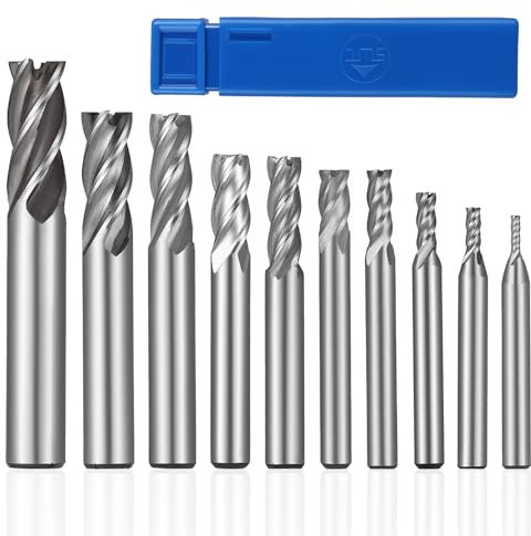 HSEAMALL HSS End Mill Cutter Set, 10-Piece, 2-12mm, 4 Flutes, CNC Milling Cutters for Metal