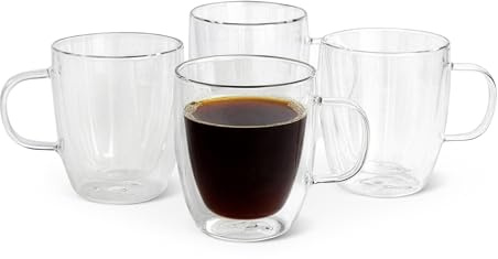 Amazon Basics Double Walled Glass Coffee Mugs, 4-Piece Set, 12 oz., Dishwasher-Safe, Borosilicate Glass