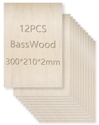 Paquete de 12 hojas de tilo sin terminar, tablero fino de madera contrachapada de 300 x 210 x 2 mm para decoración del hogar, artes, proyectos de manualidades, modelo de carpintería, pintura (300 x