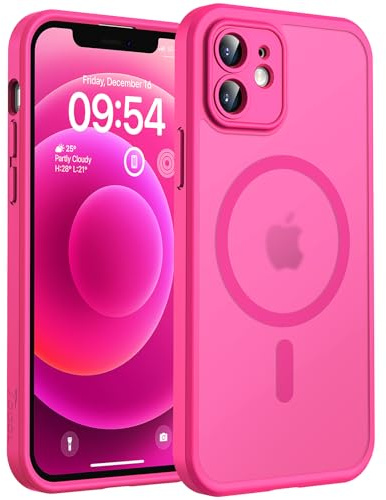 TOCOL für iPhone 12 Hülle, Kompatibel mit MagSafe, Matt Heißes Rosa | Eingebauter Magnetring, Vollständiger Kameraschutz, Militärschutz Stoßfest Kratzfest Haltbarkeit, Durchscheinend Rückseite