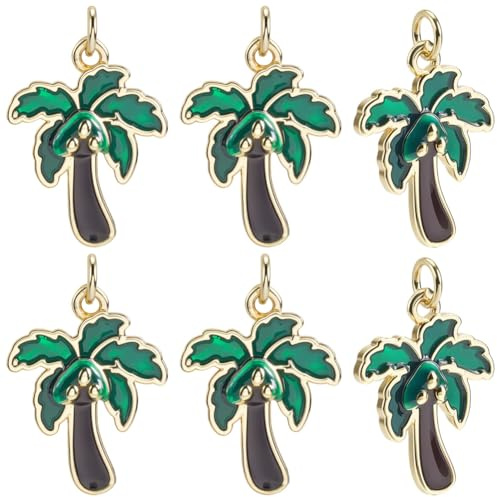 Beebeecraft 1 Scatola da 6 Pezzi di Ciondoli A Forma di Albero di Cocco Smalto Placcato Oro 18K Palma Verde Pianta Tropicale Ciondolo Estivo da Spiaggia per La Creazione di Gioielli Collane