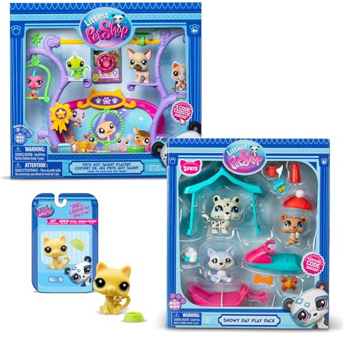 Ponera Bandai Littlest Pet Shop Exklusives Set mit 2 Boxen: Schneetag & Pets Got Talent (5 Figuren und 14 Zubehör) + 1 zusätzliche Figur (kleine gelbe Katze) – offizielles Lizenzprodukt