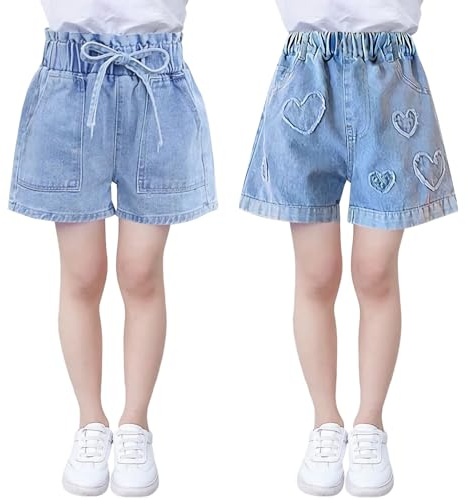 SXSHUN Shorts Mädchen Jeansshorts Kinder Denim Kurze Hose 2er-Pack Sommer Baumwolle Hosen mit Modische Druck