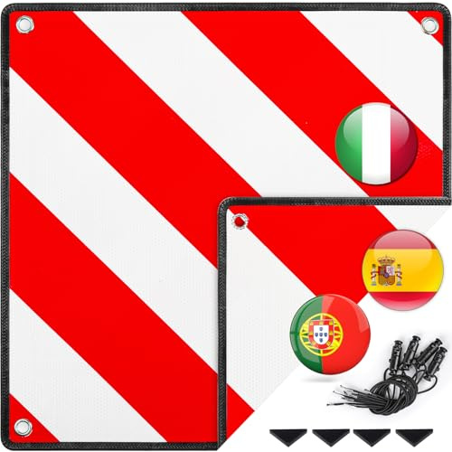 Warmfay 3 in 1 Reflektierendes Warnschild für Italien, Spanien & Portugal, 50x50 cm Rot-Weiß PVC Warntafel mit 4 Spannseilen, Zertifiziert für Fahrradträger, Heckträger, Auto & Wohnmobil
