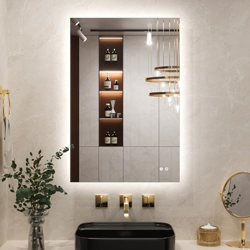 Keonjinn Badspiegel mit Beleuchtung Rechteckig 60x90cm, Badezimmerspiegel mit Beschlagfrei Touch Schalter Speicherfunktion 3 Lichtfarben Dimmbarer LED Bad Spiegel Ohne Rahmen Badezimmer Wandspiegel