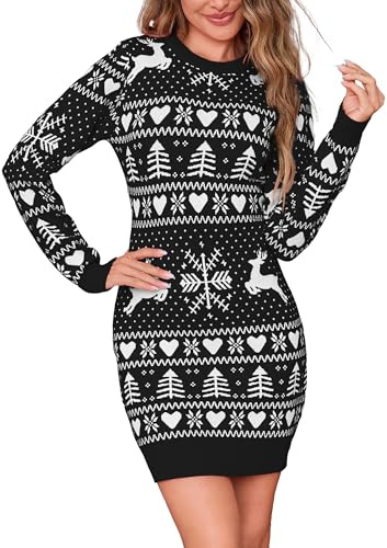 Bresdk jul jumper klänning för kvinnor nyhet ren snöflingor stickade damer, Svart, S