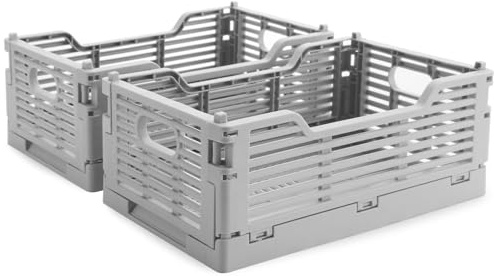 Vivikivi 2-Pack Collapsible Crates Storage Boxes, 22x15x9cm, Grey | Stackable Plastic Foldable Storage Boxes Baskets, Space-Saving Foldable Crate for Home Classroom Office Kitchen Bedroom