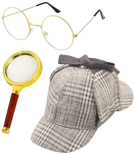 jamgeery Completo Da Detective,Set Gioco di Ruolo Detective per Adulti,Costume Cosplay, Cappello Occhiali Lente d'Ingrandimento per Adulti Bambini - Spettacolo Feste Halloween