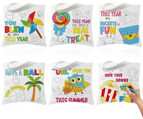 Locmeo 18 Pcs Last Day of School Color Your Own Tote Bags 10 x 7 in Canvas Summer Holiday Treat Bag DIY End of Year Crafts Coloring Reusable Gift Tote Bags with Handle for Classroom Party Gifts Supply