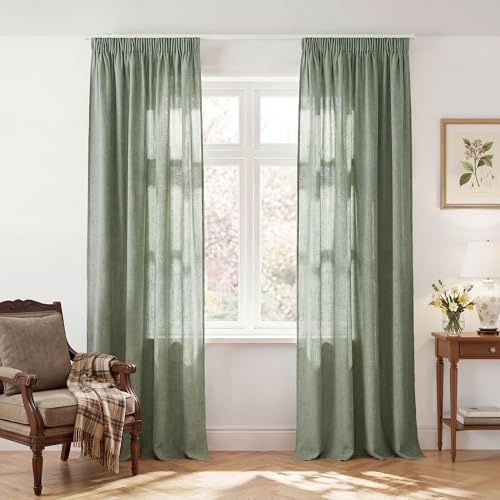 PONY DANCE Leinenoptik Gardinen Salbeigrün 2er Set H245 x B140 cm | Lichtdurchlässig, Halbtransparent, mit Kräuselband für Schiene, Dekoration, für Wohnzimmer, Sichtschutz, Landhausstil